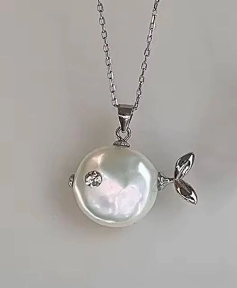 Anthropologie Silver Tone Fish Pendant Necklace Pearl Charm  Minimalist NWOT